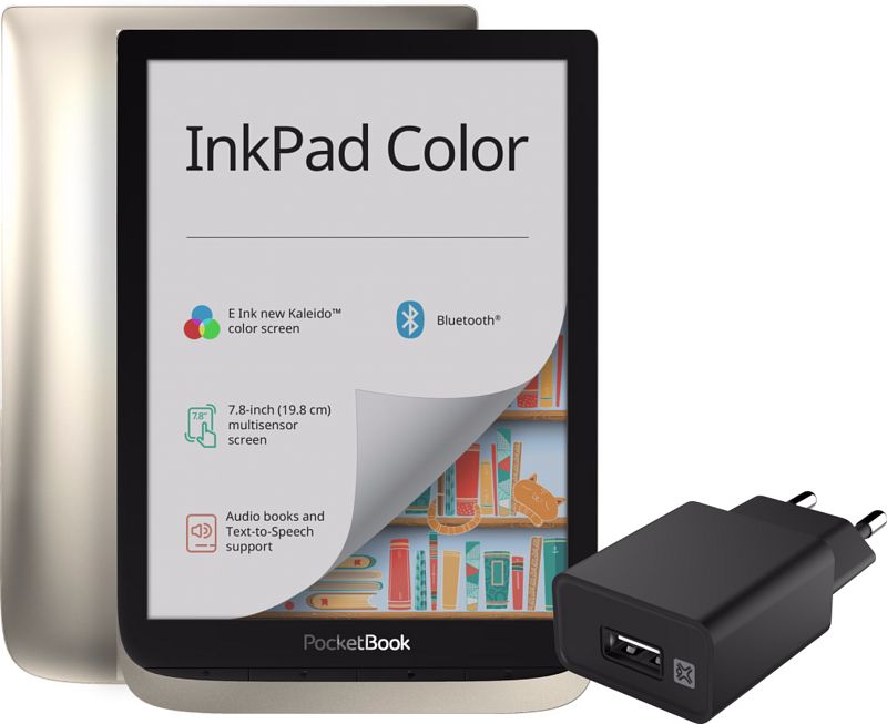 Foto van Pocketbook inkpad color zilver + xtrememac oplader met usb a poort 12w zwart