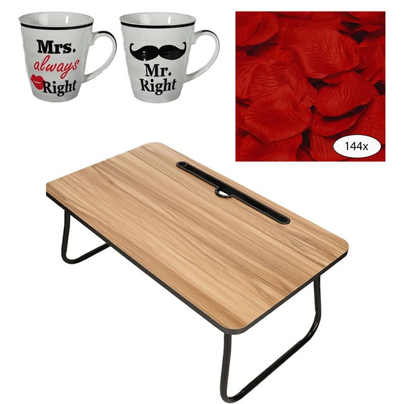 Foto van Bedtafel en koffiebeker set - mr right en mrs always right - valentijn cadeautje voor hem / haar - dienbladen