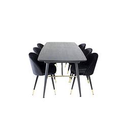 Foto van Gold eethoek eetkamertafel uitschuifbare tafel lengte cm 180 / 220 zwart en 6 velvet eetkamerstal velours zwart, messing