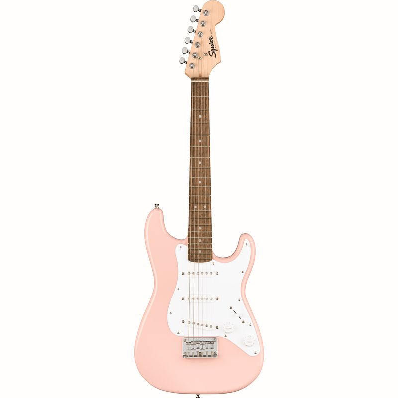 Foto van Squier mini stratocaster shell pink kindergitaar / reisgitaar