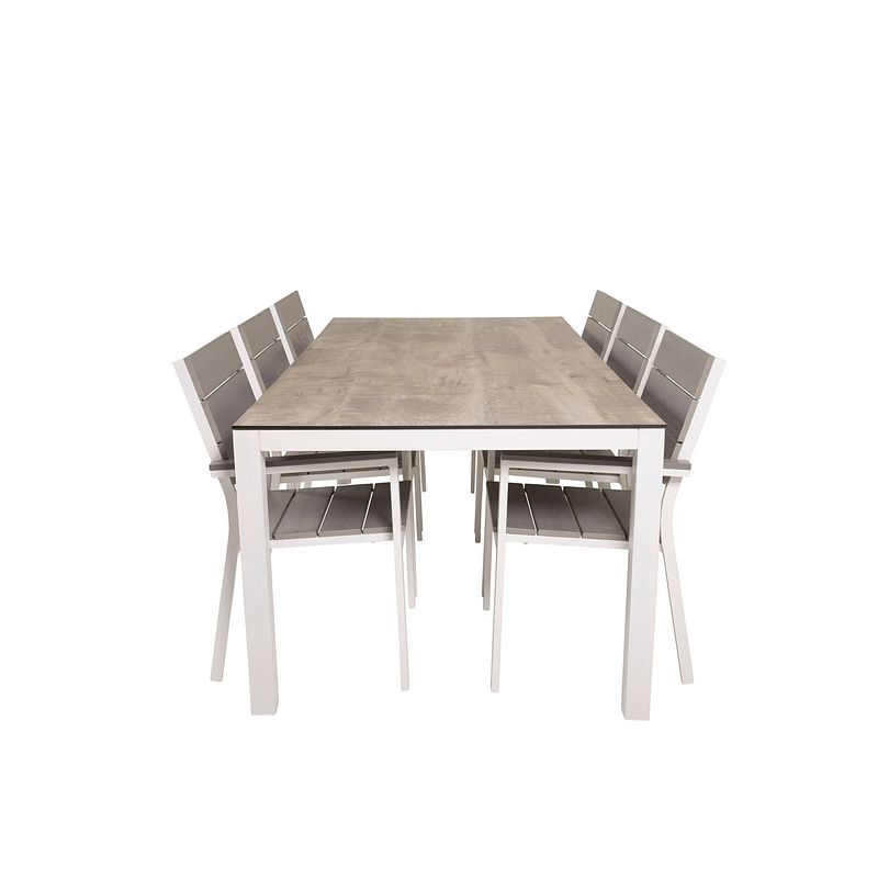 Foto van Llama tuinmeubelset tafel 100x205cm en 6 stoel levels wit, grijs, crèmekleur.