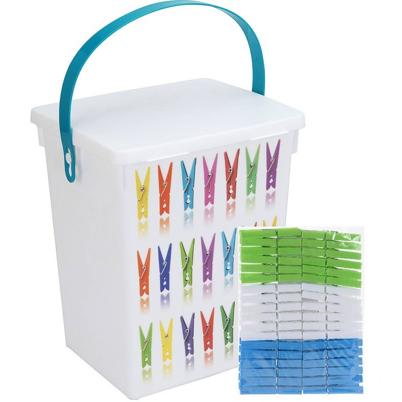 Foto van Wasknijper bewaarboxen turquoise hengsel 5 liter 23 x 18 cm incl. 36 knijpers - knijperszakken