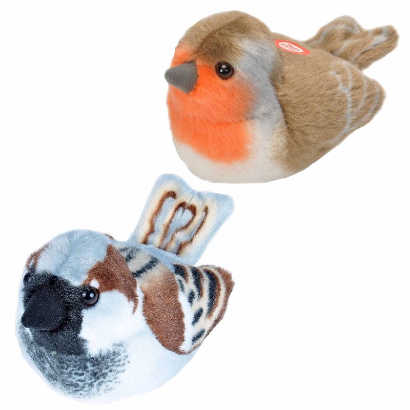 Foto van Set van 2x stuks pluche vogels knuffels van 14 cm met geluid - vogel knuffels