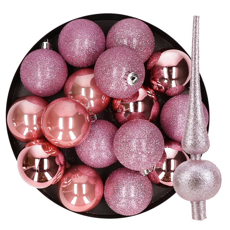 Foto van 24x stuks kunststof kerstballen 6 cm inclusief glitter piek roze - kerstbal