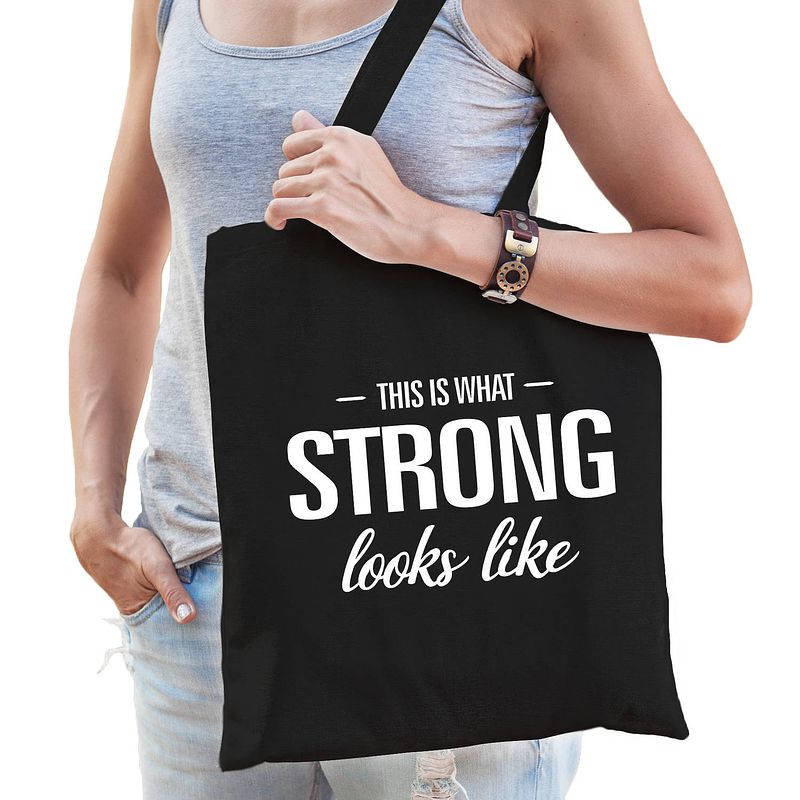 Foto van This is what strong looks like cadeau tas zwart voor dames - feest boodschappentassen