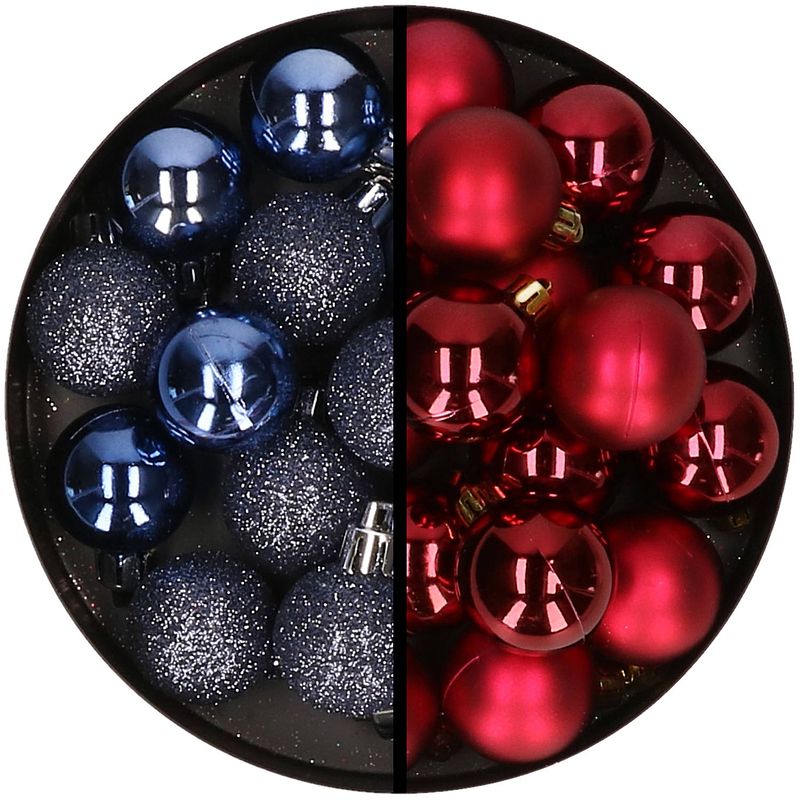 Foto van 36x stuks kunststof kerstballen donkerblauw en donkerrood 3 en 4 cm - kerstbal