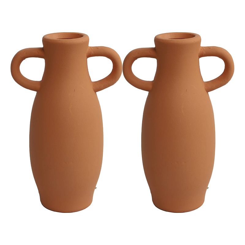 Foto van 2x stuks decoratie amphora kruik of vaas - terracotta - d12 x h20 cm - smalle opening - vazen