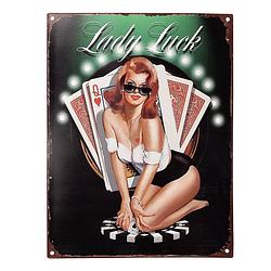 Foto van Clayre & eef tekstbord 25x33 cm zwart ijzer speelkaarten lady luck wandbord zwart wandbord