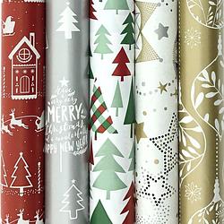 Foto van Kerstmis cadeaupapier - assortiment inpakpapier voor kerst k724 - 2 meter x 70 cm - 5 rollen