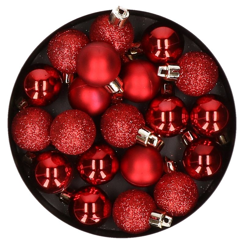 Foto van 60x stuks kleine kunststof kerstballen rood 3 cm mat/glans/glitter - kerstbal