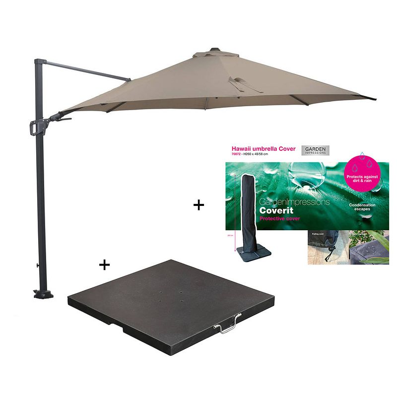 Foto van Garden impressions hawaii zweefparasol ø350 cm donker grijs/taupe met 90 kg parasolvoet en parasolhoes