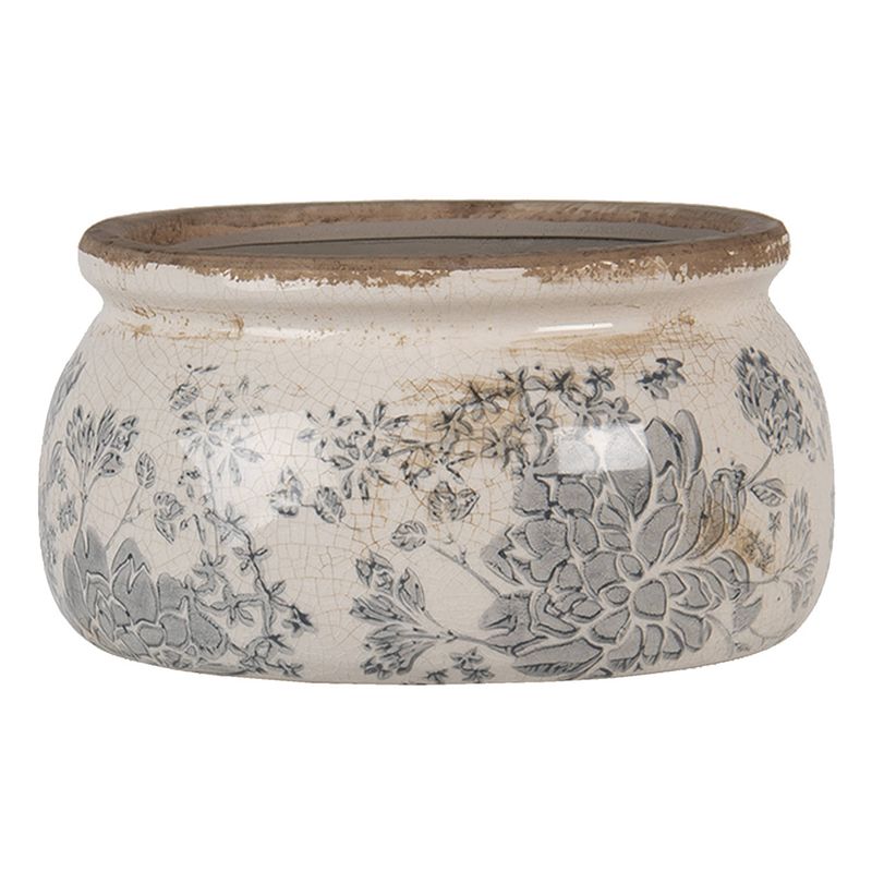 Foto van Clayre & eef bloempot ø 16*8 cm grijs beige keramiek rond bloemen bloempot binnen plantenpot plant pot grijs bloempot