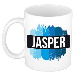 Foto van Naam cadeau mok / beker jasper met blauwe verfstrepen 300 ml - naam mokken