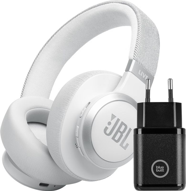 Foto van Jbl live 770nc wit + bluebuilt quick charge oplader met usb a poort 18w zwart