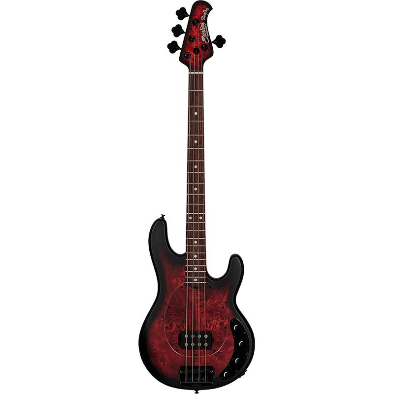 Foto van Sterling by music man stingray ray34 poplar burl dark scarlet burst satin elektrische basgitaar met gigbag