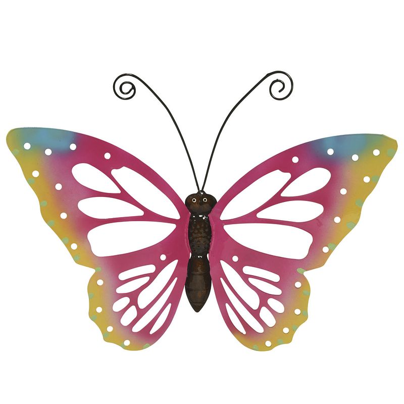 Foto van Grote roze deco vlinder/muurvlinder van metaal 51 x 38 cm tuindecoratie - tuinbeelden
