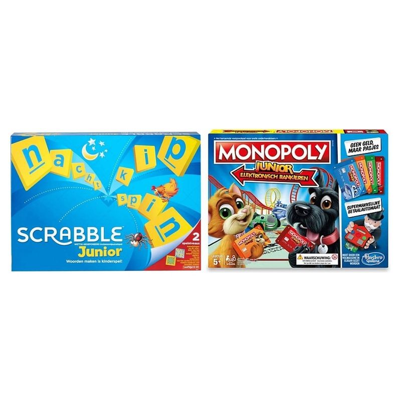 Foto van Spellenbundel - 2 stuks - mattel scrabble junior & monopoly junior elektronisch bankieren