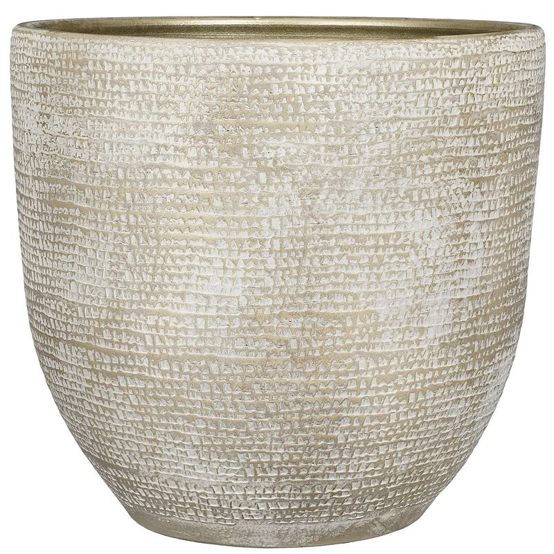 Foto van Plantenpot/bloempot carrie terracotta champagne met flakes patroon - d39/h36 cm - plantenpotten