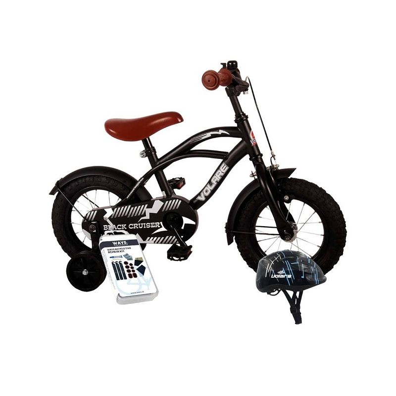 Foto van Volare kinderfiets black cruiser - 12 inch - zwart - met fietshelm & accessoires