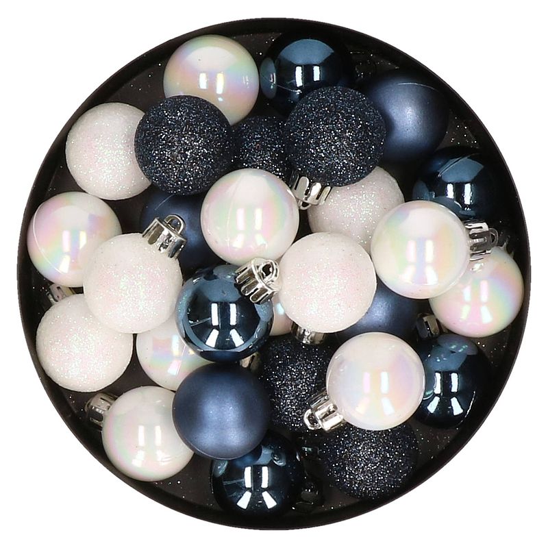 Foto van 28x stuks kunststof kerstballen parelmoer wit en donkerblauw mix 3 cm - kerstbal