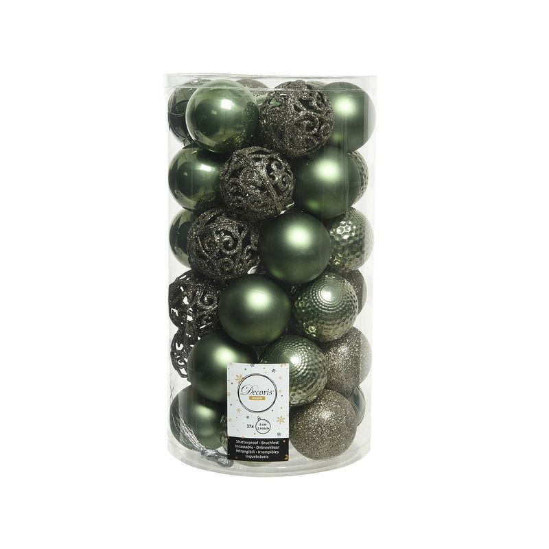 Foto van 37x stuks kunststof kerstballen mos groen 6 cm glans/mat/glitter mix - kerstbal