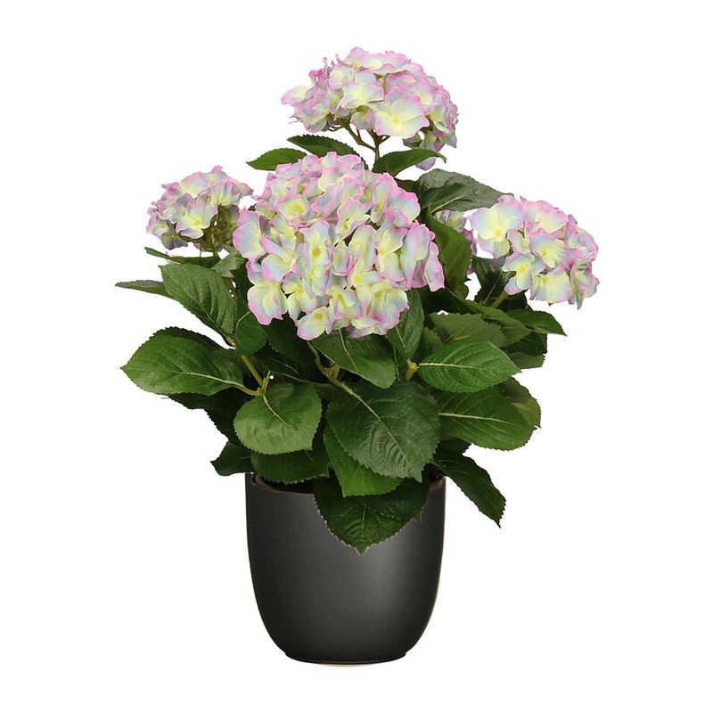 Foto van Hortensia kunstplant/kunstbloemen 45 cm - paars/groen - in pot zwart mat - kunstplanten