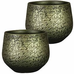 Foto van 2x stuks plantenpot/bloempot keramiek metallic donkergroen/gold finish - d16/h13 cm - plantenpotten