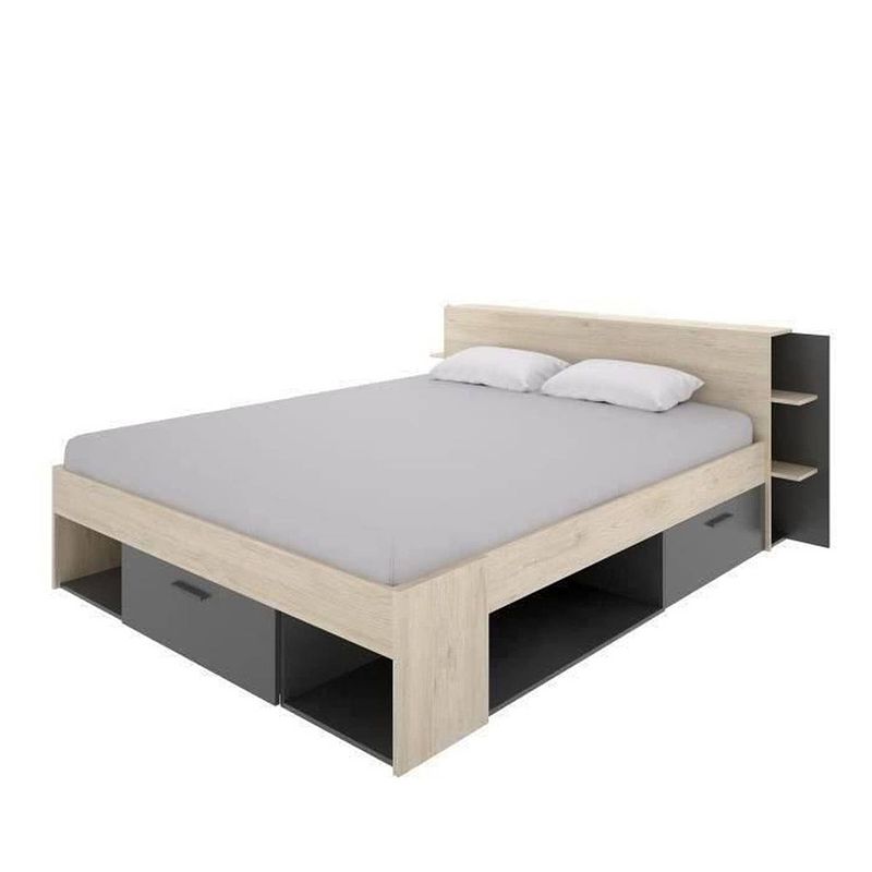 Foto van Sax volwassen bed - 160x200 cm - 3 lades + hoofdeinde met opberger - eiken en antraciet decor