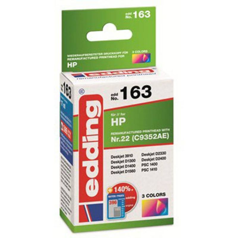 Foto van Edding cartridge vervangt hp hp22 (c9352ae) compatibel single cyaan, magenta, geel edd-163 18-163