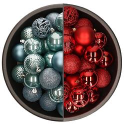 Foto van 74x stuks kunststof kerstballen mix van rood en ijsblauw 6 cm - kerstbal