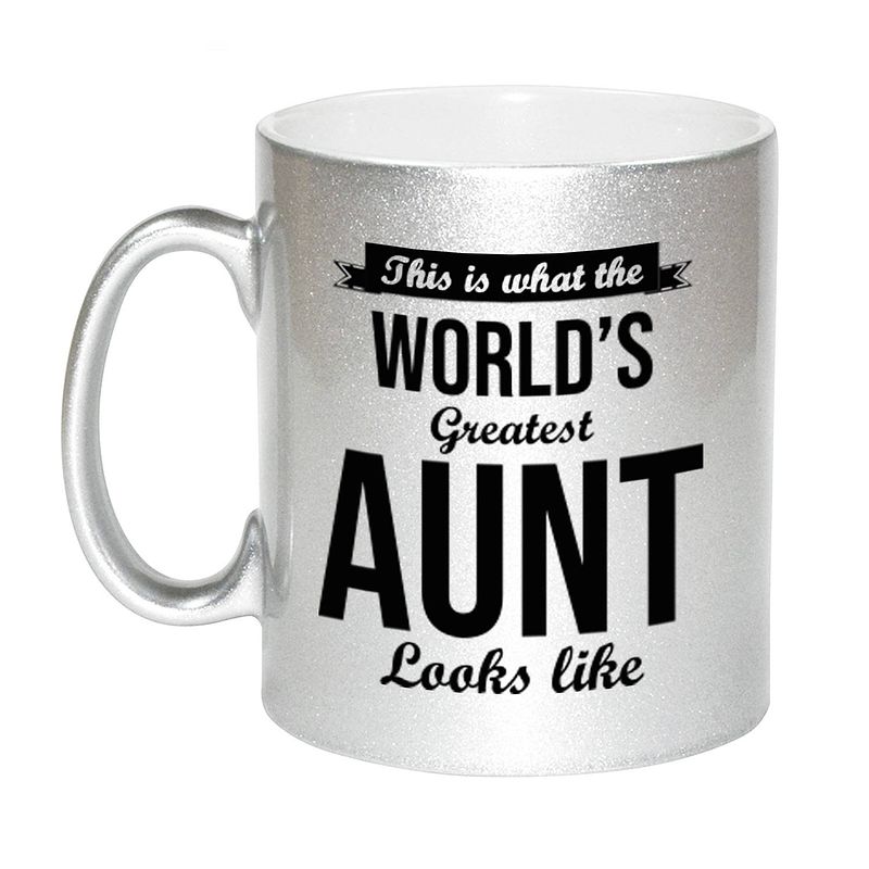 Foto van Zilveren worlds greatest aunt / tante cadeau koffiemok / theebeker 330 ml - feest mokken