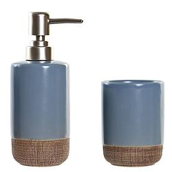 Foto van Badkamer accessoires setje drinkbeker en zeeppompje 18 cm korenblauw - badkameraccessoireset