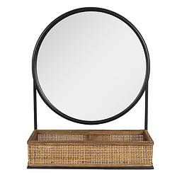 Foto van Haes deco - ronde spiegel met rotan mand - bruin - 40x12x51 cm - metaal / glas / hout - wandspiegel, spiegel rond