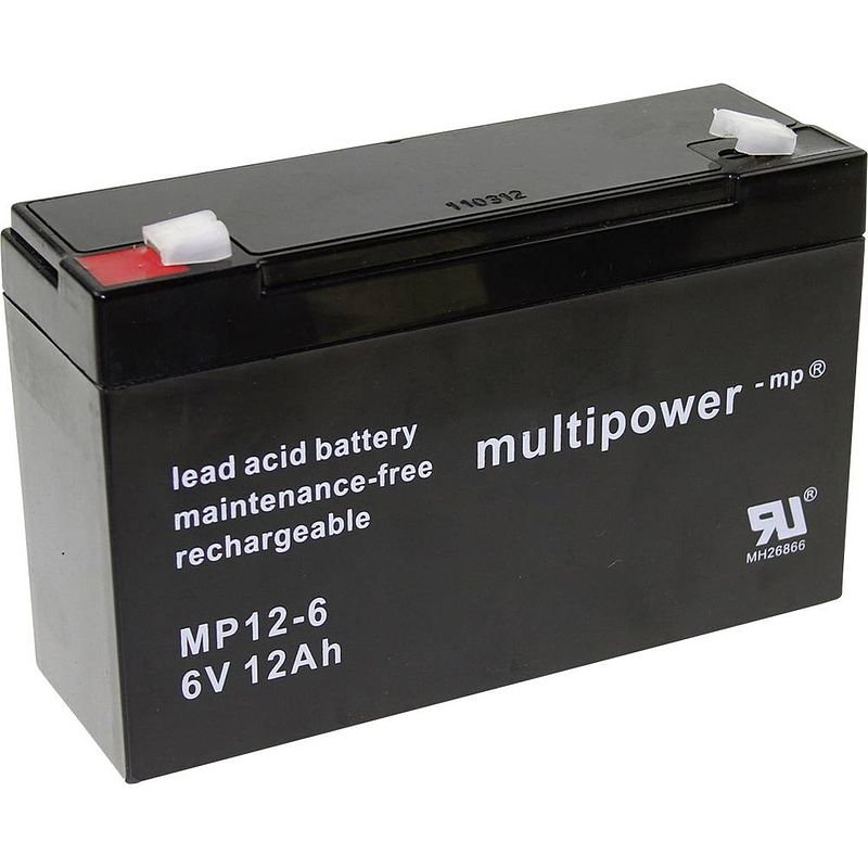 Foto van Multipower pb-6-12-6,35 loodaccu 6 v 12 ah loodvlies (agm) (b x h x d) 151 x 99 x 50 mm kabelschoen 6.35 mm onderhoudsvrij, geringe zelfontlading