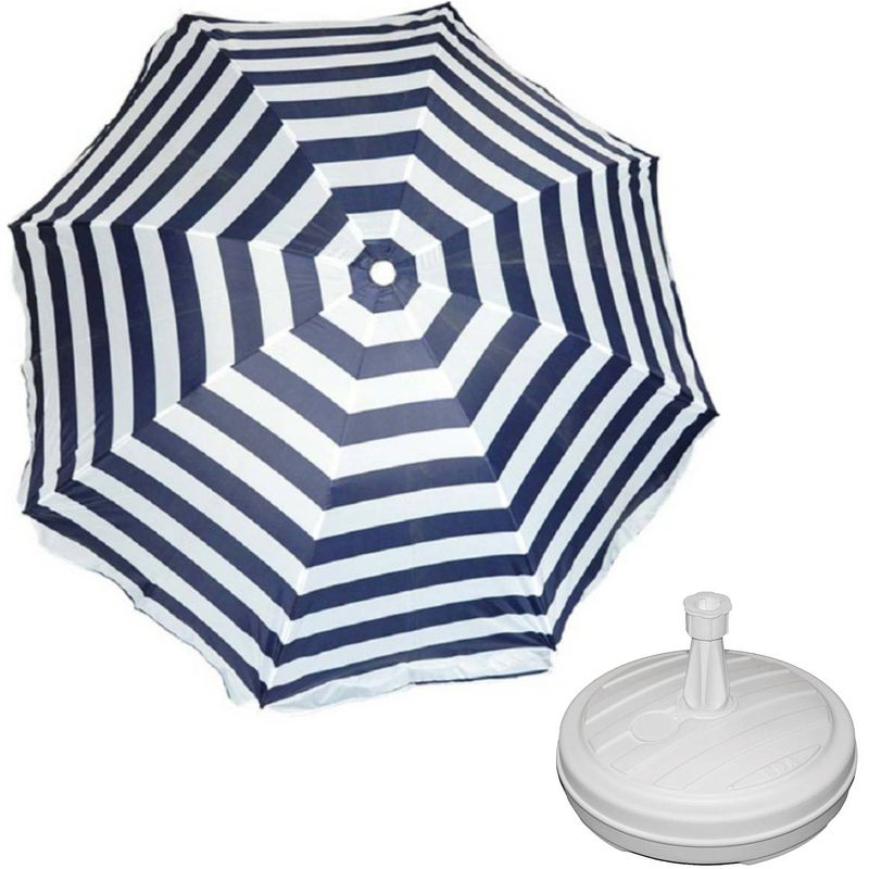 Foto van Parasol - blauw/wit - d180 cm - incl. draagtas - parasolvoet - 42 cm - parasols