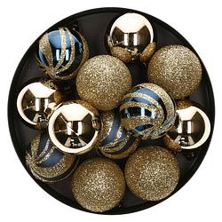 Foto van 12x stuks kerstballen mix goud/blauw glans/mat/glitter kunststof 4 cm - kerstbal