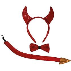 Foto van Funny fashion duivels verkleed setje - hoorntjes diadeem en staart/strik - rood - verkleed accessoires - verkleedhoofdde