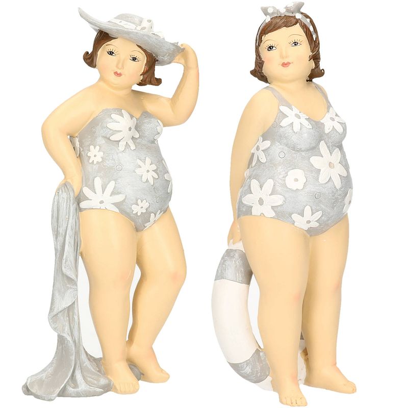 Foto van Woonkamer decoratie beeldjes set van 2 dikke dames - blauw badpak - beeldjes