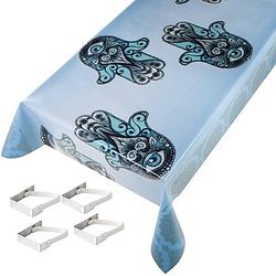 Foto van Lichtblauwe tafelkleden/tafelzeilen hamsa hand print 140 x 245 cm rechthoekig met 4x tafelkleedklemmen - tafelzeilen