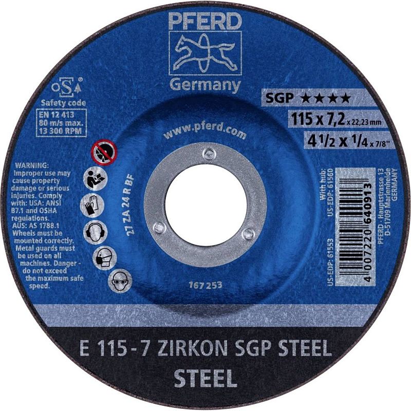 Foto van Pferd 62211737 e 115-7 zirkon sgp steel afbraamschijf gebogen 115 mm 22.23 mm 10 stuk(s)