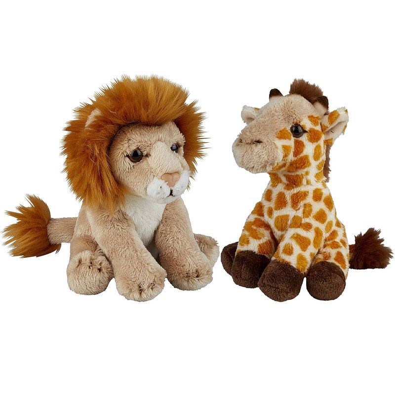 Foto van Safari dieren serie pluche knuffels 2x stuks - giraffe en leeuw van 15 cm - knuffeldier