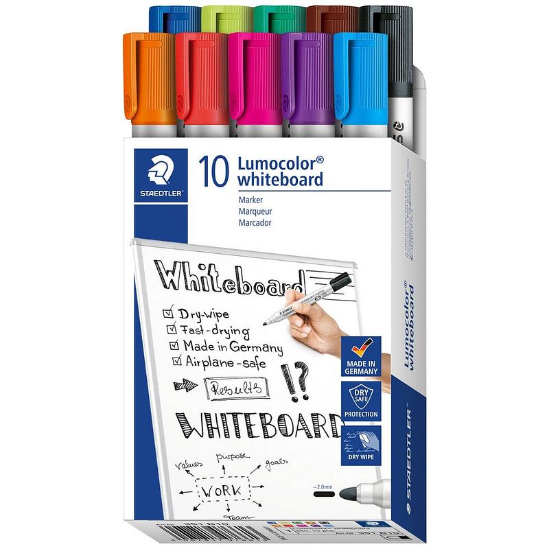 Foto van Staedtler 351 b10 lumocolor® whiteboard marker 351 whiteboardmarker rood, oranje, lila, blauw, groen, bruin, zwart, lichtgroen, lichtblauw, roze 10 stuks/pack