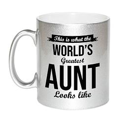 Foto van Zilveren worlds greatest aunt / tante cadeau koffiemok / theebeker 330 ml - feest mokken