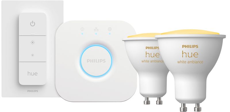 Foto van Philips hue white ambiance starter pack gu10 met 2 lampen, dimmer + bridge