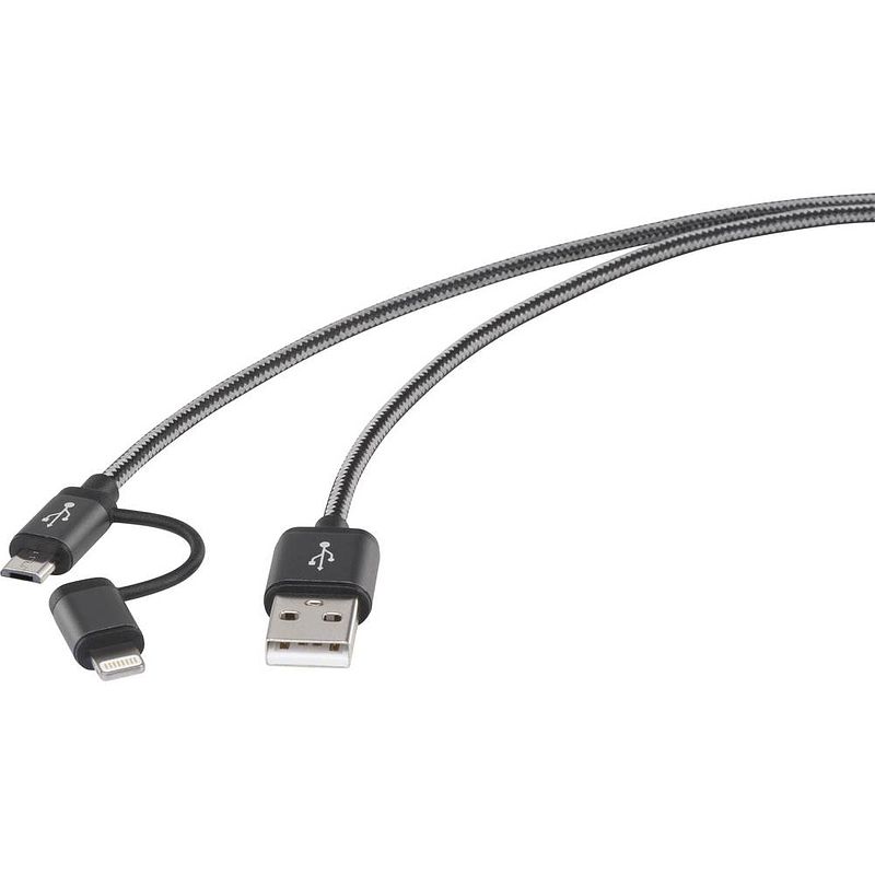 Foto van Renkforce apple ipad/iphone/ipod aansluitkabel [1x usb-a 2.0 stekker - 1x micro-usb 2.0 b stekker, apple dock-stekker lightning] 1.00 m donkergrijs