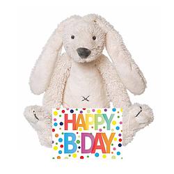 Foto van Kinder cadeau knuffel konijn met happy birthday wenskaart - knuffel huisdieren