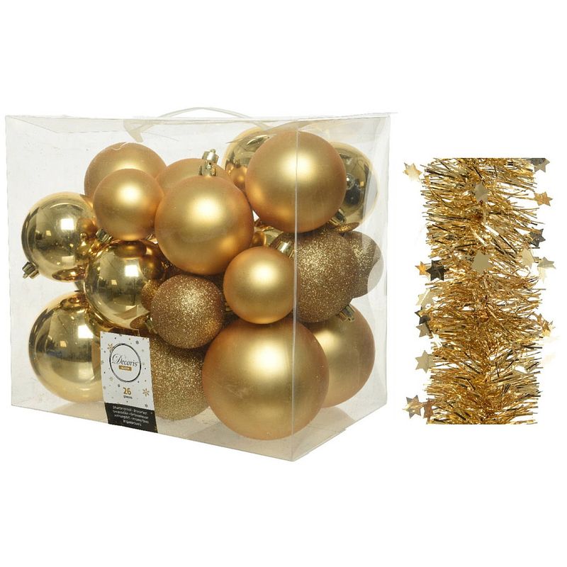 Foto van Kerstversiering kunststof kerstballen 6-8-10 cm met sterren folieslingers pakket goud van 28x stuks - kerstbal