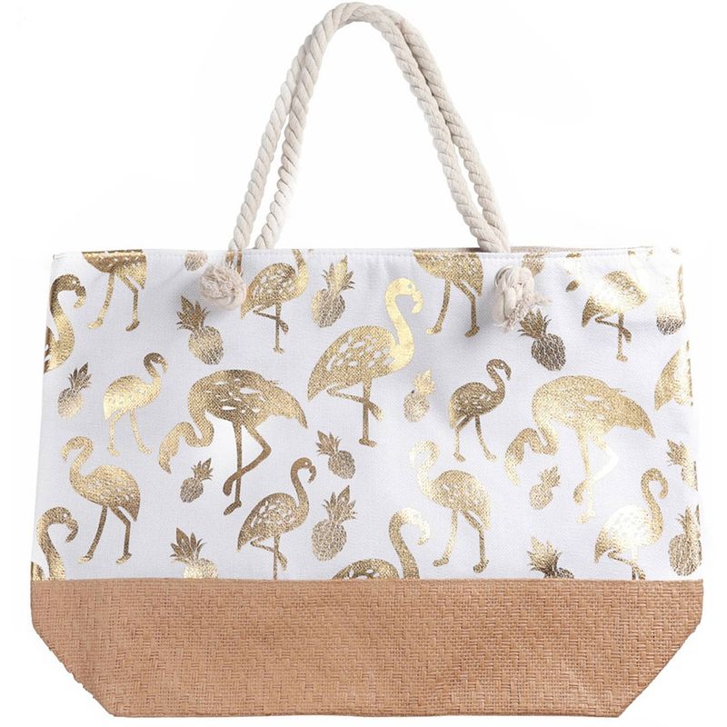 Foto van Strandtas wit met metallic gouden flamingo print 54 cm - strandtassen