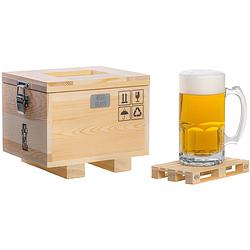 Foto van Labyrinth® - mega bierglas in houten kist (27x21x21 cm) met houten onderzetter - 1 liter bierpul - bier cadeauset