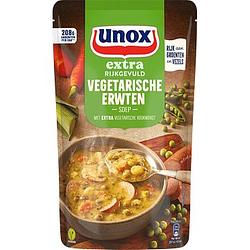 Foto van 2 zakken soep a 570 ml, pakken cupasoup a 3 stuks of single verpakkingen noodles of pasta | unox extra rijkgevuld soep in zak vegetarische erwten 570ml aanbieding bij jumbo